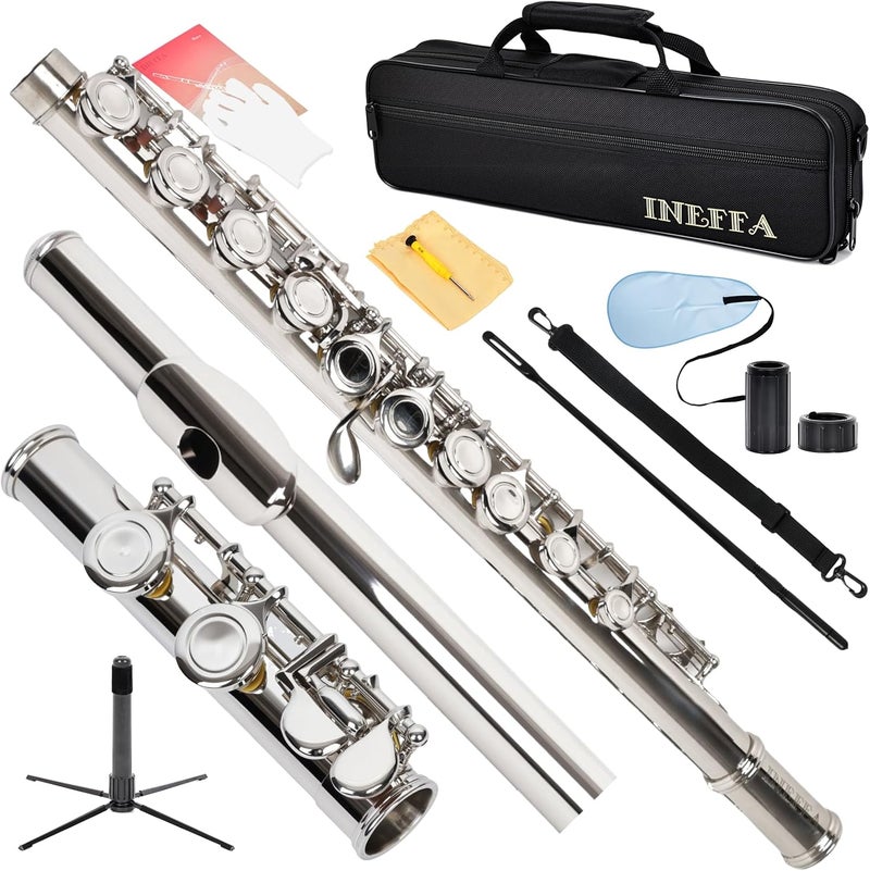 INEFFA Professional Nickel Plated C Flute for Beginners and All Levels, 16 Key Closed Hole with Ergonomic Design, Includes Carrying Case, Gloves, Cleaning Cloth, Tuning Rod, - Image 1